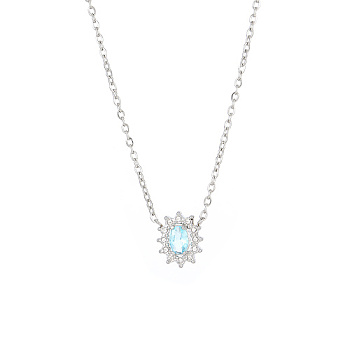Cubic Zirconia Flower Pendant Necklaces with Stainless Steel Chains, Stainless Steel Color, 17.72 inch(45cm)