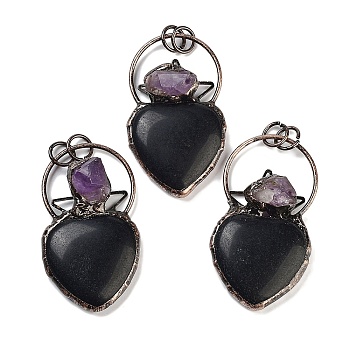 Natural Obsidian & Amethyst Big Pendants, Brass Heart Charms with Jump Rings, Red Copper, 55~57x32~33x9~11mm, Hole: 6.6mm