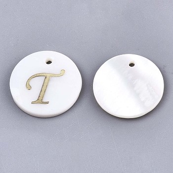 Natural Freshwater Shell Pendants, with Golden Plated Brass Etched Metal Embellishments, Flat Round with Letter, Letter.T, 15x2mm, Hole: 1.2mm