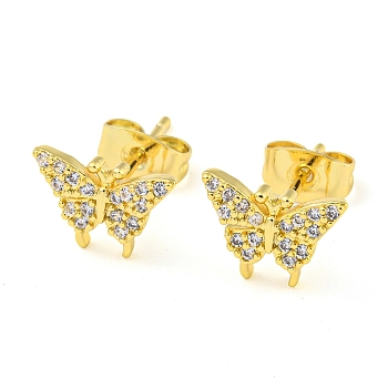 Golden Brass Micro Pave Cubic Zirconia Stud Earrings, Butterfly, 8x10.5mm