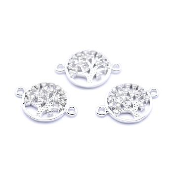 Brass Micro Pave Cubic Zirconia Links, Clear, Flat Round with Tree of Life, Platinum, 12.5x18x2mm, Hole: 1mm