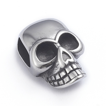 Retro 304 Stainless Steel Slide Charms/Slider Beads, for Leather Cord Bracelets Making, Skull, Antique Silver, 22x14x9mm, Hole: 4x8mm