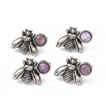 Natural Amethyst Bee Stud Earrings, Antique Silver Alloy Earrings with Brass Pins for Women, 15.5x20.5mm, Pin: 0.8mm