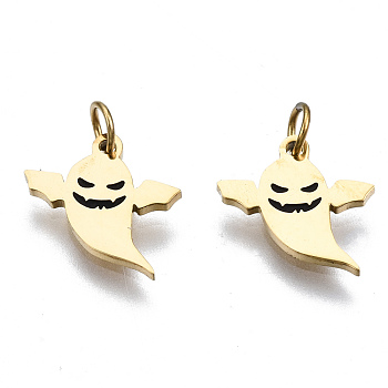 316 Surgical Stainless Steel Enamel Charms, with Jump Rings, for Halloween, Ghost, Black, Real 14K Gold Plated, 10x9.5x1mm, Jump Ring: 3.4x0.5mm, 2.4mm inner diameter