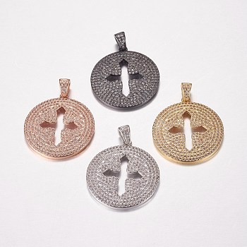 Long-Lasting Plated Brass Micro Pave Cubic Zirconia Pendants, Flat Round with Cross, Mixed Color, 29x26x2mm, Hole: 3x4mm