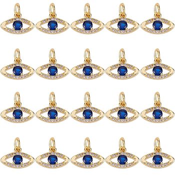 20Pcs Brass Micro Pave Cubic Zirconia Charms, with Jump Ring, Long-Lasting Plated, Eye, Blue, Real 18K Gold Plated, 8x12x2mm, Hole: 3mm
