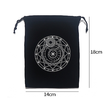 Printed Velvet Tarot Card Storage Drawstring Pouches, Rectangle, for Witchcraft Articles Storage, Black, Round, 18x14cm