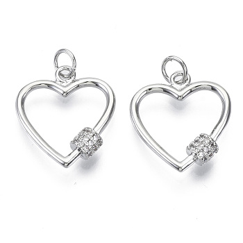 Brass Micro Pave Cubic Zirconia Pendants, Nickel Free, with Jump Rings, Heart, Clear, Real Platinum Plated, 18.5x16.5x4mm, Jump Ring: 5x0.6mm, inner diameter: 3mm