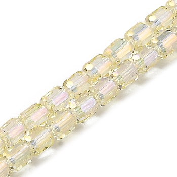 Electroplate Transparent Glass Beads Strands, Faceted, Column, Champagne Yellow, 5.5x4mm, Hole: 1mm, about 75pcs/strand, 15.55~15.67 inch(39.5~39.8cm)
