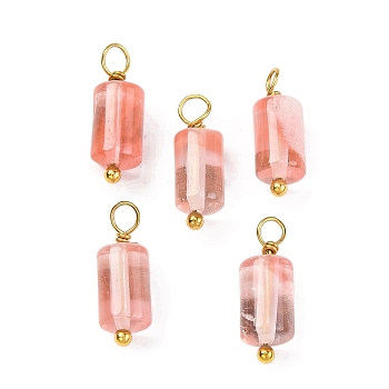 Cherry Quartz Glass Cloumn Pendants, Geometric Charms with Golden Tone 304 Stainless Steel Loops, 17.5x6x6mm, Hole: 2mm