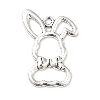 Tibetan Style Alloy Big Pendants, Rabbit with Bowknot Charms, Hollow, Antique Silver, 34.5x24.5x2mm, Hole: 2.5mm, about 345pcs/1000g