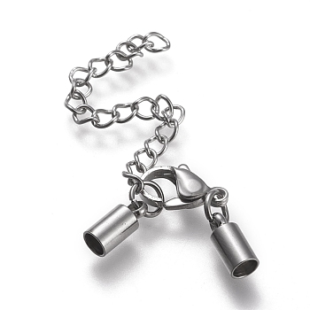 304 Stainless Steel Chain Extender, with Cord Ends, Curb Chains and Lobster Claw Clasps, Stainless Steel Color, 33mm long, Cord Ends: 9x4mm, 3mm inner diameter
