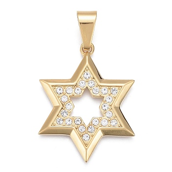 304 Stainless Steel Pendants, with Crystal Rhinestone, Star of David, Golden, 42x33x3mm, Hole: 6x12mm
