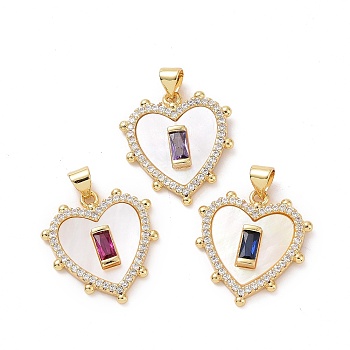 Brass Micro Pave Cubic Zirconia Pendants, with Shell, Heart Charms, Mixed Color, 23x21x4mm, Hole: 3.5x4.5mm