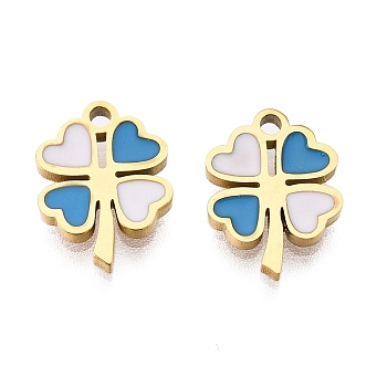 Ion Plating(IP) 316L Surgical Stainless Steel Charms, Nickel Free, with Enamel, Real 18K Gold Plated, Clover Charm, Dodger Blue, 10.5x8x1.5mm, Hole: 1.2mm