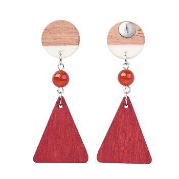 Stud Earrings, with Natural Carnelian Beads, Pear Wood Pendants, Resin & Wood Pendants and Brass Findings, Flat Round and Triangle, Red, 67~68mm, Pin: 0.6mm