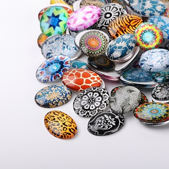 Mosaic Printed Glass Oval Cabochons, Mixed Color, 25x18x6mm