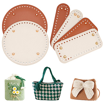 Elite 6Pcs 6 Style PU Leather Knitting Crochet Bags Nail Bottom Shaper Pad, with Alloy Nail, for Bag Bottom Accessories, Oval & Rectangle & Flat Round, Mixed Patterns, 18~19x5.25~19x0.8cm, Hole: 4~5mm, 1pc/style