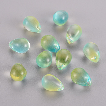 Two Tone Transparent Spray Painted Glass Charms, Teardrop, Yellow Green, 14x10x9mm, Hole: 1mm