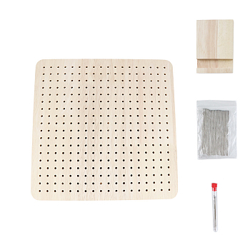 Square Oak Wood Crochet Blocking Board, with 20 Stainless Steel Positioning Pins, 5 Needles, Plastic Storage Tube, Antique White, 23.5x23.5cm
