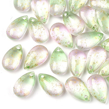Two Tone Transparent Spray Painted Glass Charms, with Glitter Powder, Frosted, Teardrop, Light Green, 14.5x8.5x5.5mm, Hole: 1mm