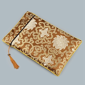 Floral Print Cloth Scriptures Storage Zipper Pouches, with Tassels, Rectangle, Camel, 34x24cm