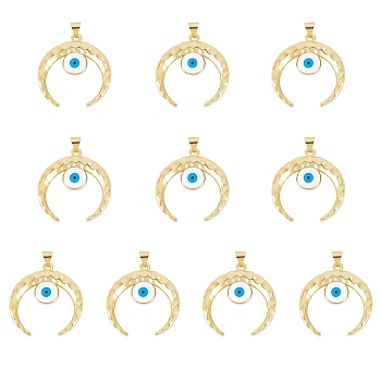 10Pcs Rack Plating Brass Pendants, with Enamel, Long-Lasting Plated, Cadmium Free & Lead Free, Moon with Evil Eye, Real 18K Gold Plated, 30x28x3mm, Hole: 4x3mm
