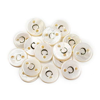 Freshwater Shell Buttons, Flat Round , Letter C, 12x2mm, Hole: 1.6mm
