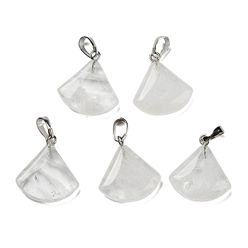 Natural Quartz Crystal Pendants, Rock Crystal Pendants, with Platinum Tone Brass Findings, Fan Charms, 21~22x19.5~20x5~6mm, Hole: 6x4mm