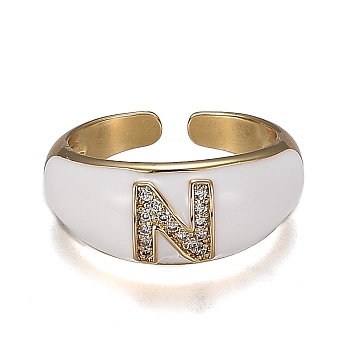 Brass Micro Pave Clear Cubic Zirconia Cuff Rings, Open Rings, with Enamel, Cadmium Free & Lead Free, Golden, Letter.N, US Size 7 1/4, Inner Diameter: 17.6mm