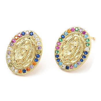 Rack Plating Brass Oval with Virgin Mary Stud Earrings with Colorful Cubic Zirconia, Lead Free & Cadmium Free, Real 18K Gold Plated, 14x11mm