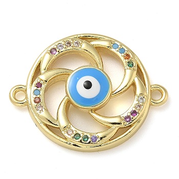 Rack Plating Brass Colorful Cubic Zirconia Vortex Connector Charms, Evil Eye Enamel Links, Real 18K Gold Plated, Long-Lasting Plated, Lead Free & Cadmium Free, Deep Sky Blue, 22x17x4mm, Hole: 1.4mm