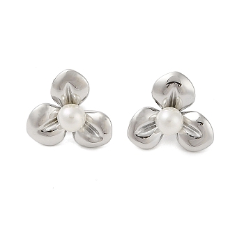 304 Stainless Steel with Plastic Imitation Pearl Stud Earrings for Women, Flower, Stainless Steel Color, 17.5x19mm