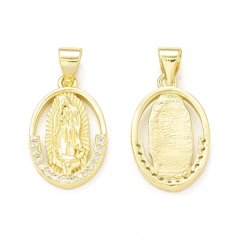 Rack Plating Brass Micro Pave Clear Cubic Zirconia Pendants, Cadmium Free & Lead Free, Long-Lasting Plated, Oval with Religion Virgin Mary Charm, Real 18K Gold Plated, 19x12x2mm, Hole: 4x3.5mm