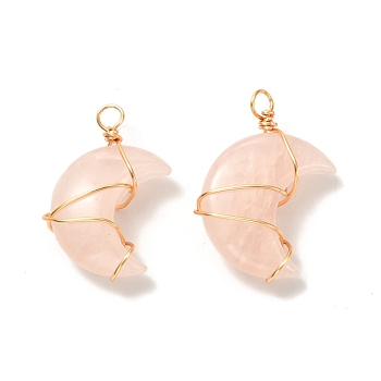 Natural Rose Quartz Pendants, with Real 18K Gold Plated Eco-Friendly Copper Wire, Moon, 35.5~37x25~29x11~12mm, Hole: 4~4.5mm