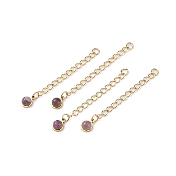 Ion Plating(IP) 316 Surgical Stainless Steel Curb Chain Extender with Natural Amethyst Round Charm, Golden, 53.5mm, Hole: 2.5mm