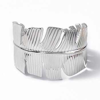 304 Stainless Steel Feather Open Cuff Bangle for Women, Stainless Steel Color, Inner Diameter: 2-1/8x2-3/8 inch(5.35cmx6cm)