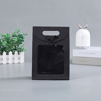 Rectangle Kraft Paper Gift Bags, with Bowknot and Clear Window, Black, 7x14x20cm