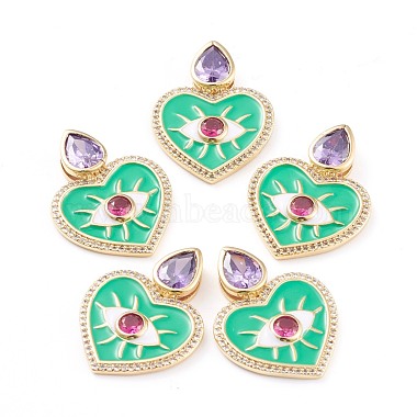 Real 18K Gold Plated MediumSpringGreen Heart Brass+Cubic Zirconia+Enamel Pendants