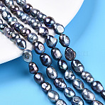 Natural Cultured Freshwater Pearl Beads Strands, Two Sides Polished, Dyed, Prussian Blue, 8~12x7~8.5x6~8mm, Hole: 0.6mm, about 19~21pcs/strand, 6.69''~7.09''(17~18cm)(PEAR-N014-08K-01)