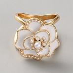 Flower Zinc Alloy Scarf Ring Clip, Shawl Button Brooches for Women, with Resin Pearl, Golden, 24.5x24mm(AJEW-WH0348-834C)
