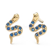 Brass Micro Pave Cubic Zirconia Stud Earrings, Snake, Blue, Real 18K Gold Plated, 8x5mm, Pin: 0.8mm(EJEW-A058-17G)