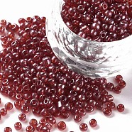 (Repacking Service Available) Glass Seed Beads, Trans. Colours Lustered, Round, Crimson, 8/0, 3mm, Hole: 1mm, about 12G/bag(SEED-C015-3mm-105B)