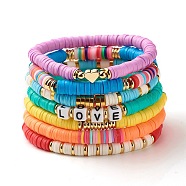 Polymer Clay Heishi Beads Stretch Bracelets Set, Heart Love Word Acrylic Beads Stackable Bracelets for Women Girl, Mixed Color, Inner Diameter: 2-1/8 inch(5.4cm), 7pcs/bag(BJEW-SZ0002-06)
