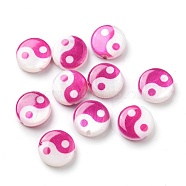 Printed Natural Freshwater Shell Beads, Yin Yang Flat Round Beads, Deep Pink, 8x2.5~3mm, Hole: 0.8mm(SHEL-R129-07A-04)