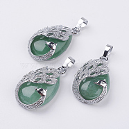 Natural Green Aventurine Pendants, with Brass Finding, Teardrop with Peacock, Platinum, 33x20x10.5mm, Hole: 5x6.5mm(G-E442-04M)