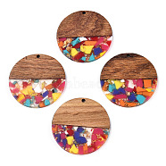 Transparent Resin & Walnut Wood Pendants, with Gold Foil, Flat Round Charms, Colorful, 38.5x3mm, Hole: 2mm(RESI-TAC0017-75-A07)