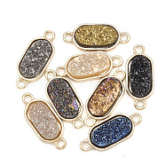 Plating AB Natural Druzy Agate Links connectors, with Brass Findings, Dyed, Oval, Golden, Mixed Color, 22x9x3~4mm, Hole: 2mm(G-S344-06)