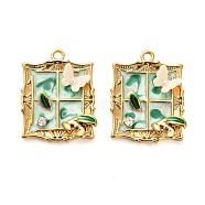 304 Stainless Steel Enamel & Rhinestone Pendants, with Resin and ABS Imitation Pearl, Rectangle with Butterfly, Ion Plating(IP), Real 18K Gold Plated, Light Green, 26x20x4mm, Hole: 1.8mm(STAS-B084-02G-01)