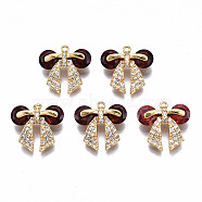 Brass Micro Pave Cubic Zirconia Pendants, Nickel Free, Real 18K Gold Plated, Bowknot, Brown, 15x16x5mm, Hole: 1mm(KK-Q277-065B-NF)